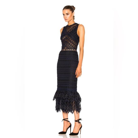 SIMKHAI Lattice Embroidered Mermaid Trumpet Dress Navy Blue and Black 2 - Picture 2 of 16